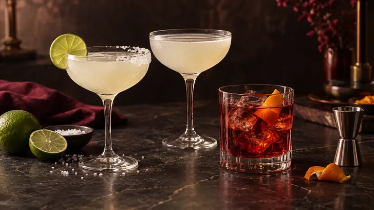 Margarita, Daiquiri und Negroni mit Zitrusfrüchten und Barmaß