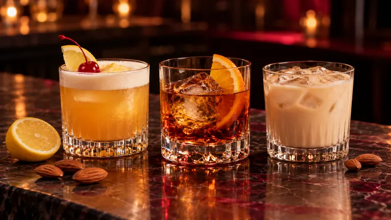 Amaretto Sour, Godfather and Toasted Almond on a dark bar counter