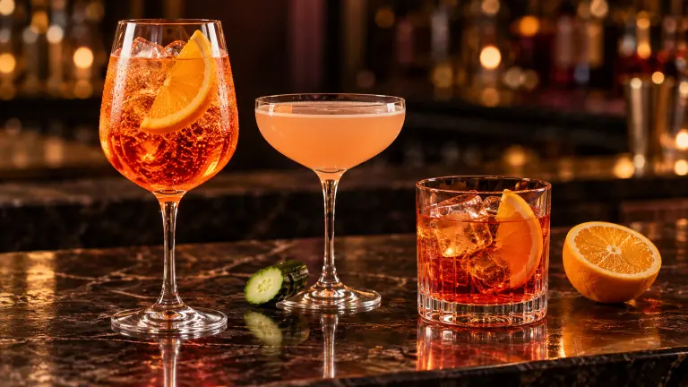 Aperol Spritz, Archangel and Aperol on the Rocks on a dark bar counter