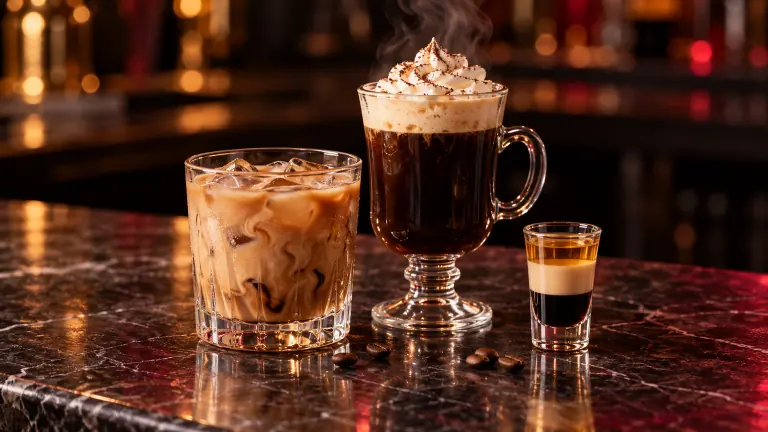 Shaft, Madame Coffee and B-52 on a dark bar counter