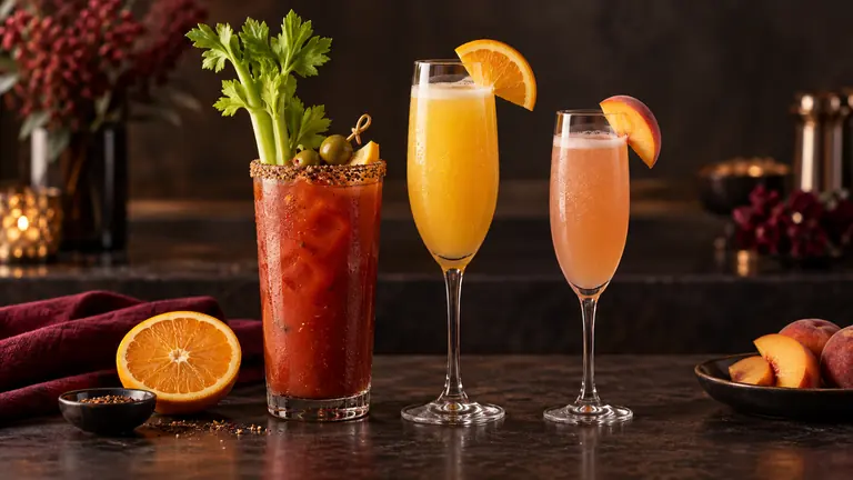 Bloody Mary, Mimosa und Bellini auf einer dunklen Bar