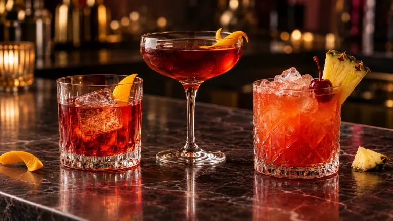 Negroni, Boulevardier and Jungle Bird on a dark bar counter