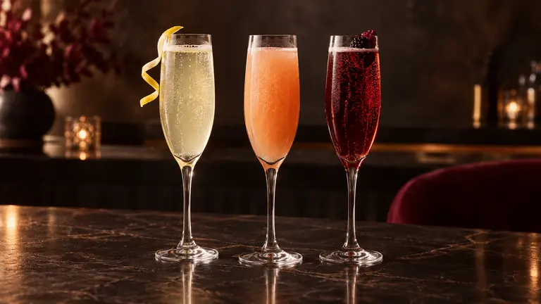 French 75, Bellini und Kir Royale in Schaumweingläsern