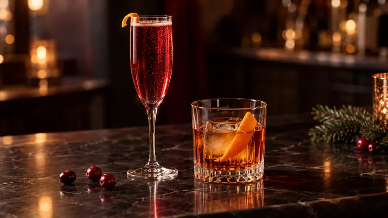 Poinsettia und Old Fashioned mit weihnachtlichen Zweigen