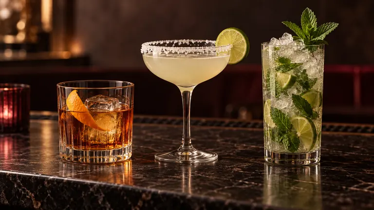 Old Fashioned, Margarita, and Mojito on a dark bar