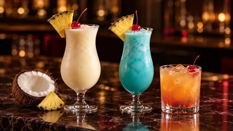 Piña Colada, Blue Hawaiian and Bahama Mama on a dark bar counter