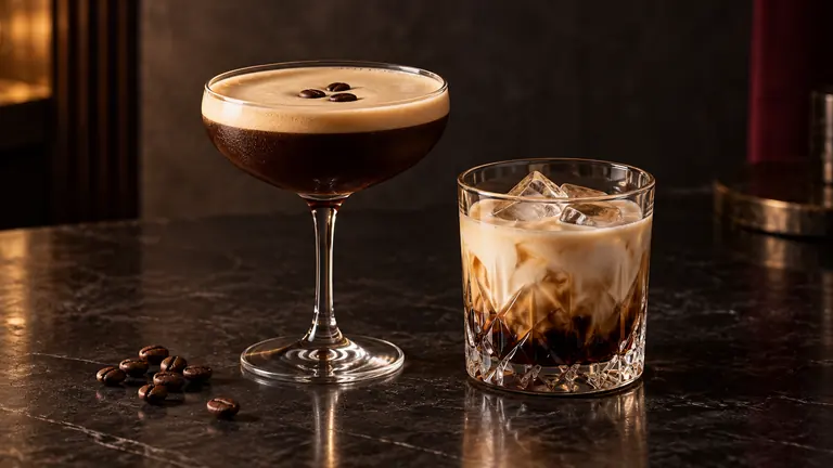 Espresso Martini und White Russian mit gerösteten Kaffeebohnen