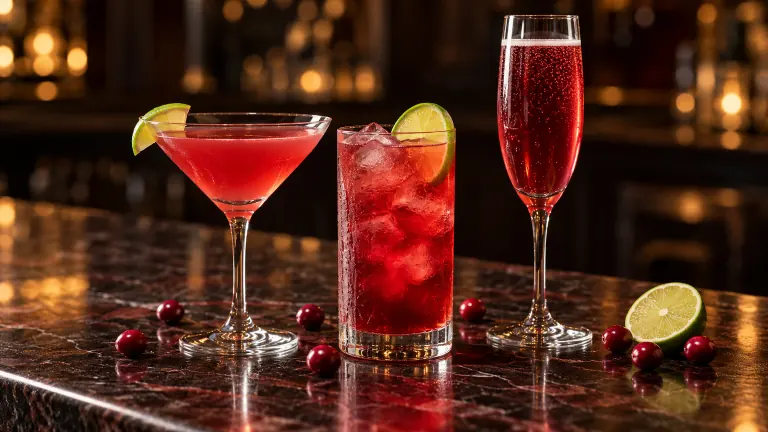 Cosmopolitan, Sea Breeze and Poinsettia on a dark bar counter