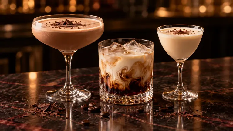 Brandy Alexander, White Russian and Bee's Kiss on a dark bar counter