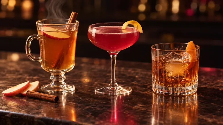 Apple Grog, Jack Rose and Old Fashioned on a dark bar counter