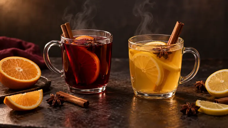 Dampfender Glühwein und Zitronen-Tee-Grog in hitzefesten Bechern