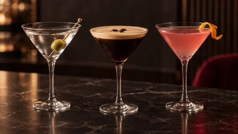 Martini seco, Espresso Martini y Cosmopolitan en copas de tallo