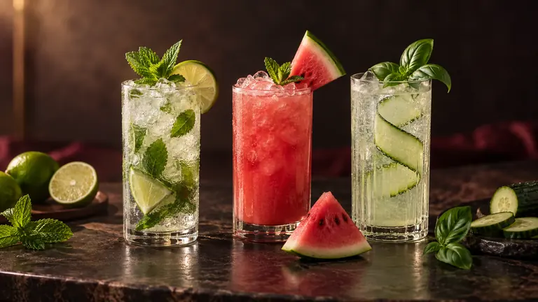 Mojito sin alcohol, refresco de sandía y cóctel sin alcohol de pepino y albahaca