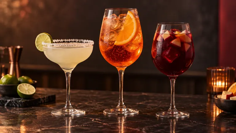 Margarita, Aperol Spritz y sangría sobre una barra oscura