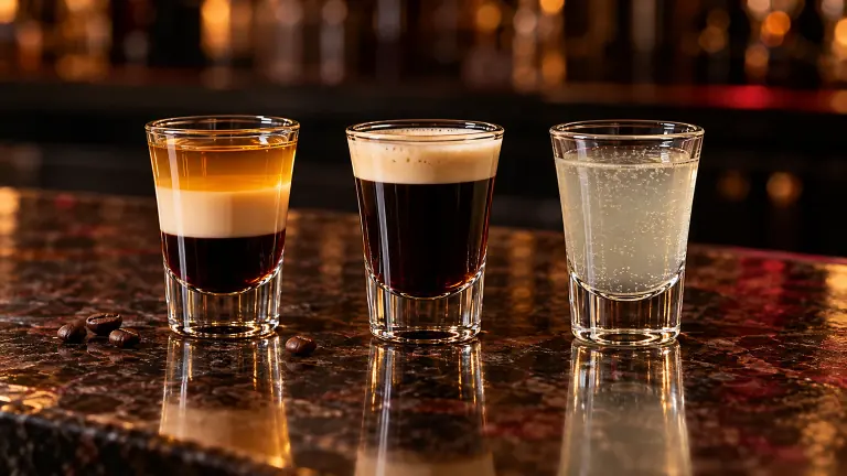 B-52, Baby Guinness and Tequila Slammer on a dark bar counter