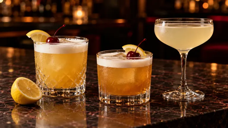 Whiskey Sour, Amaretto Sour und White Lady auf einer dunklen Bartheke