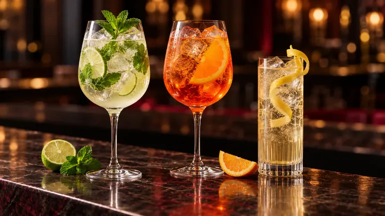 Hugo, Aperol Spritz und St-Germain Cocktail auf einer dunklen Bartheke