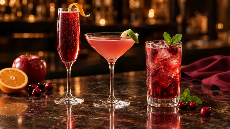 Poinsettia, Cosmopolitan und Cranberry Cooler auf einer dunklen Bartheke