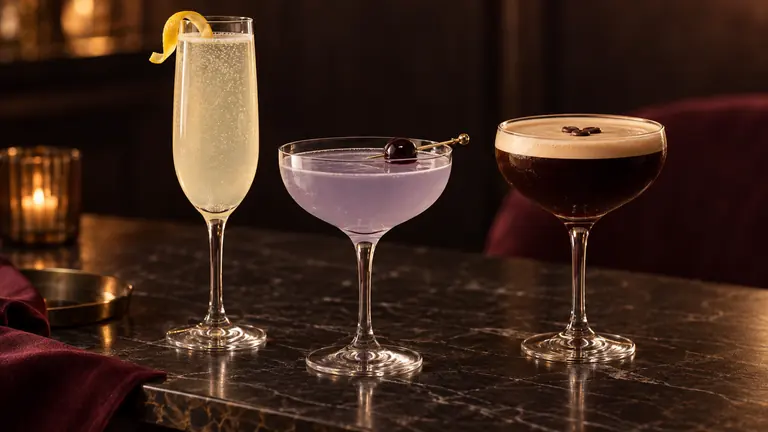 French 75, Aviation und Espresso Martini in warmem Abendlicht