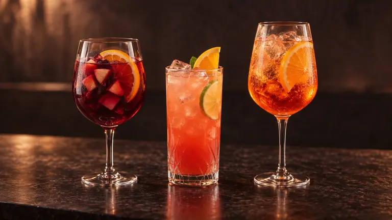 Sangria, Rum-Punsch und Aperol Spritz in farbenfrohen Gläsern