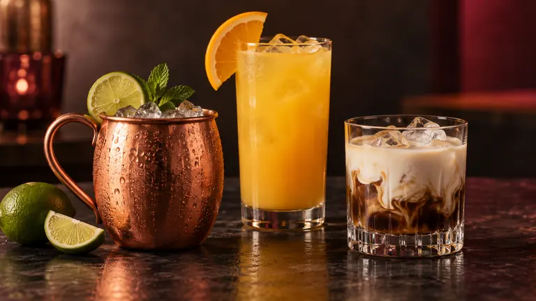 Moscow Mule, Screwdriver und White Russian auf einer dunklen Bar