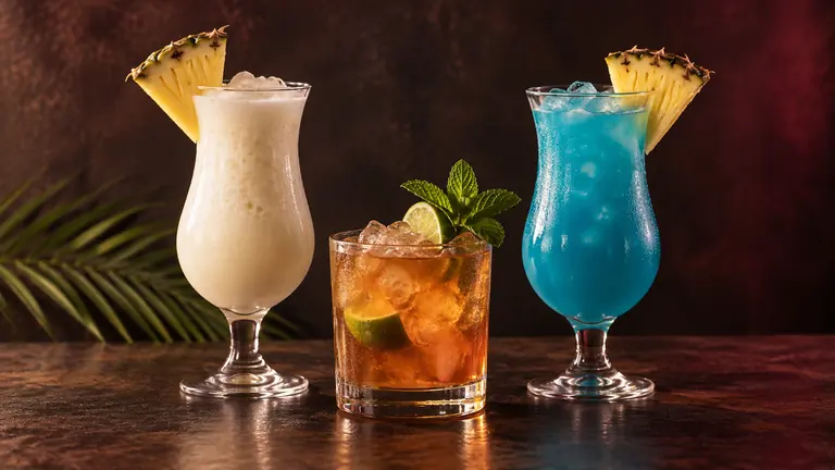 Piña Colada, Mai Tai, and Blue Hawaiian with pineapple and mint