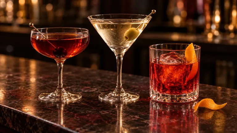 Manhattan, Martini und Negroni auf einer dunklen Bartheke