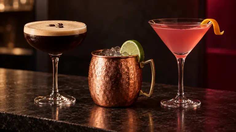 Espresso Martini, Moscow Mule und Cosmopolitan auf einer dunklen Bar