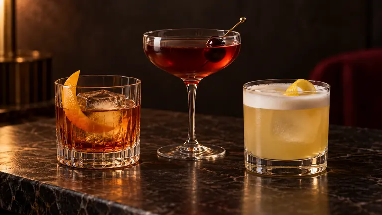 Old Fashioned, Manhattan und Whiskey Sour auf einer dunklen Bar