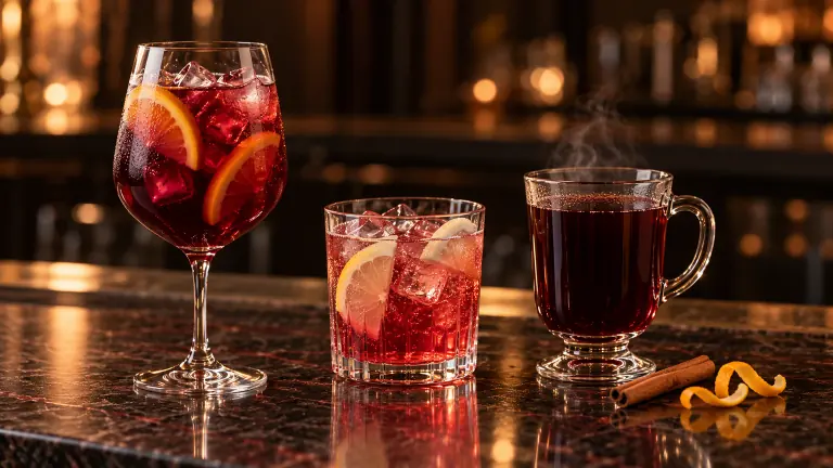 Sangria, Tinto de Verano und Einfacher Glühwein auf einer dunklen Bartheke